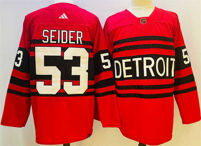 Men%27s Detroit Red Wings #53 Moritz Seider Red 2022-23 Reverse Retro Stitched Jersey